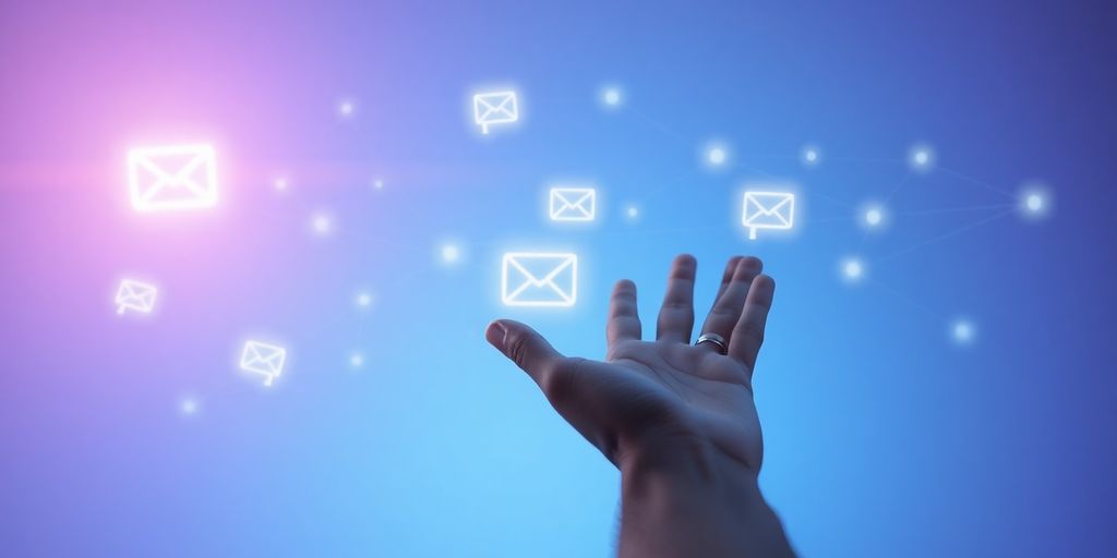 Glowing emails connect, digital landscape