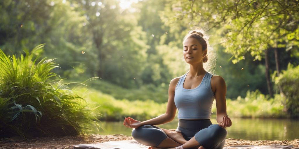 woman meditating in nature with health tracking app