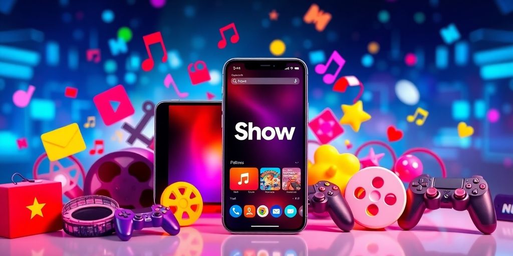Smartphone with entertainment icons and digital effects around it.