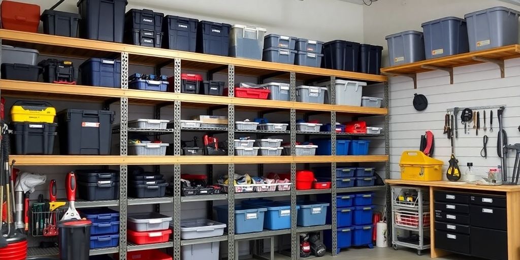 Neatly organized garage with sturdy shelving units.