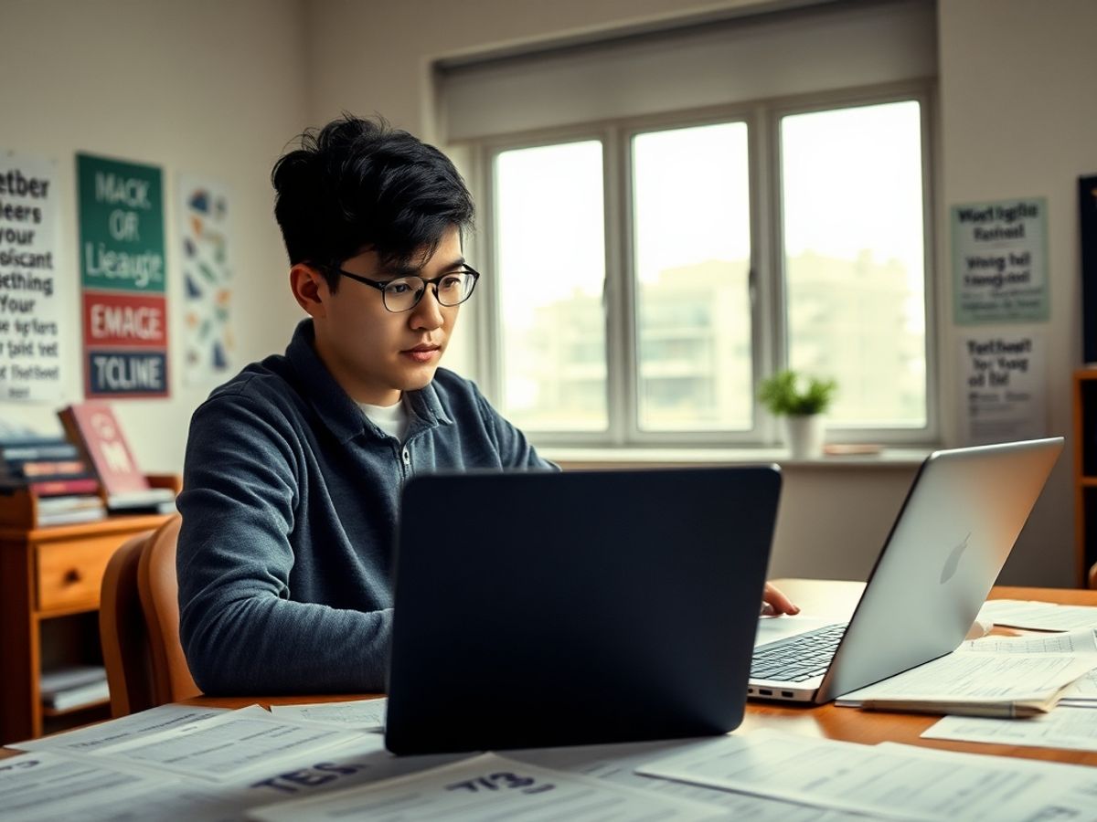 Student studying with mock test papers and a laptop.