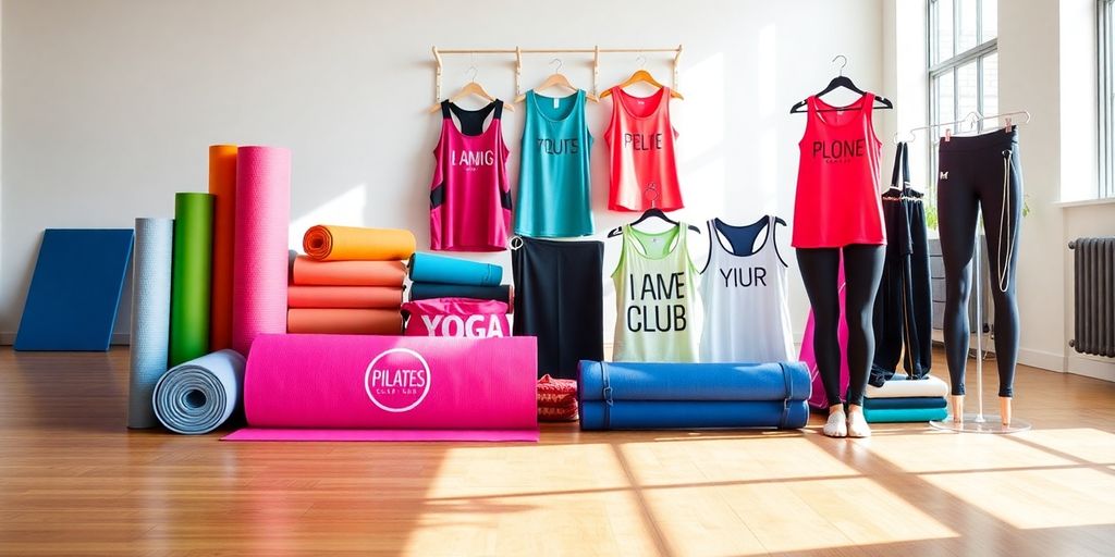 Colorful Pilates Club customizable gear in a bright studio.