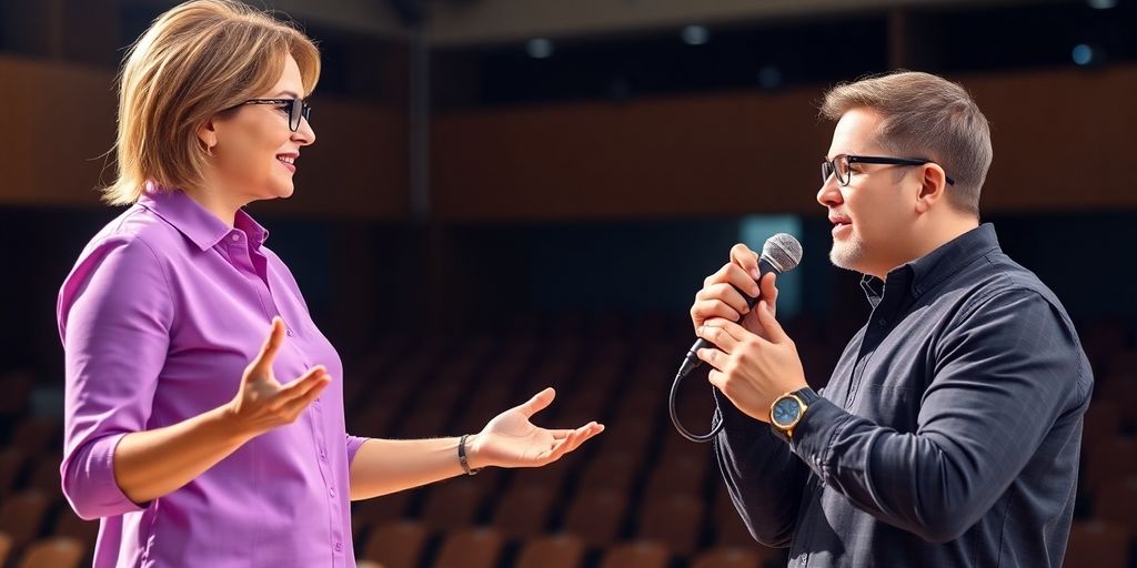 Professional public speaking coach guides person on stage with microphone.