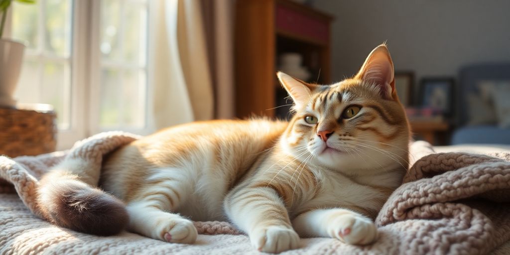 Elderly cat lounging on a soft blanket in sunlight.