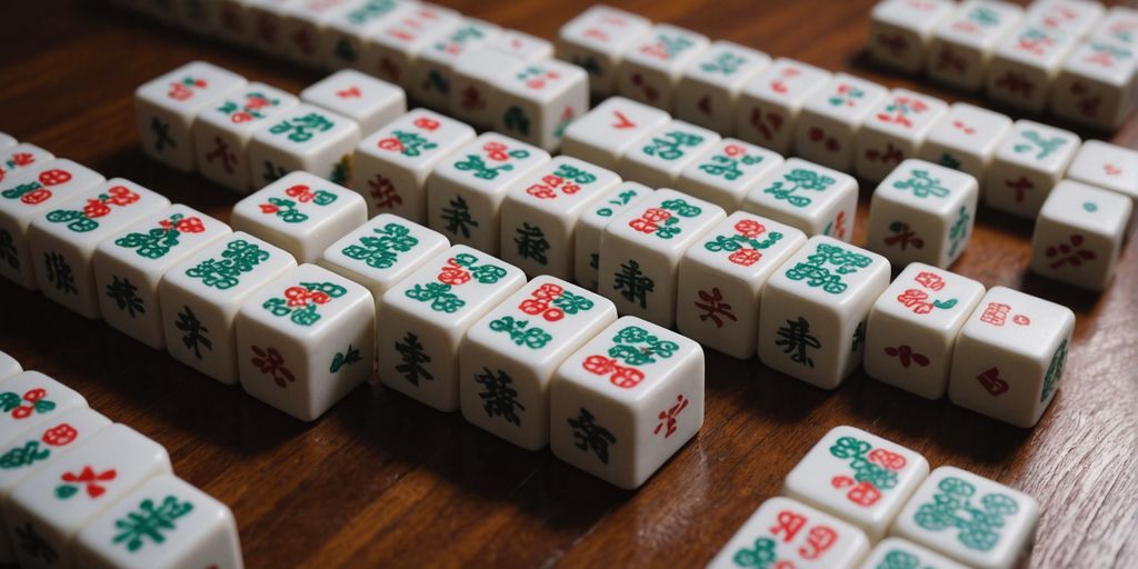 Mahjong tiles in winning formation on wooden table