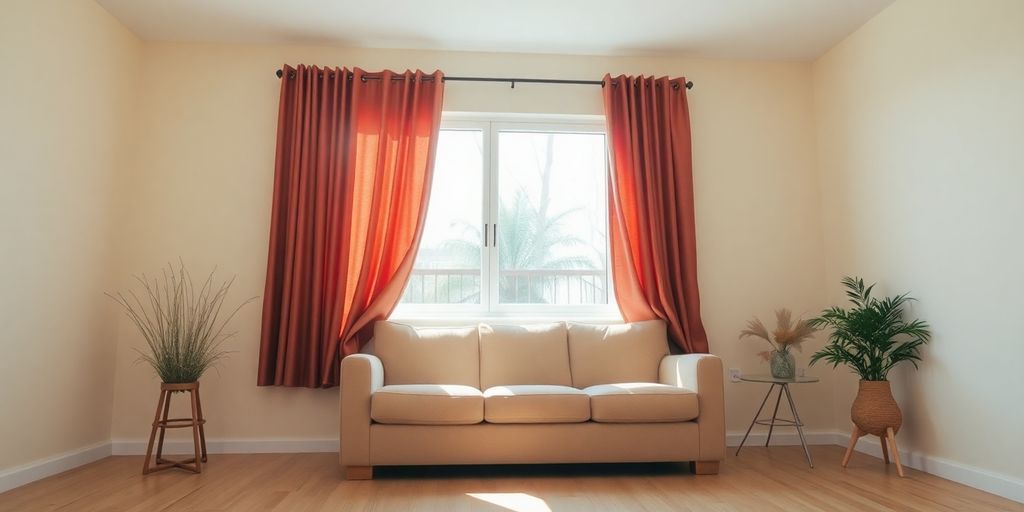 Cream room, earthy curtains.