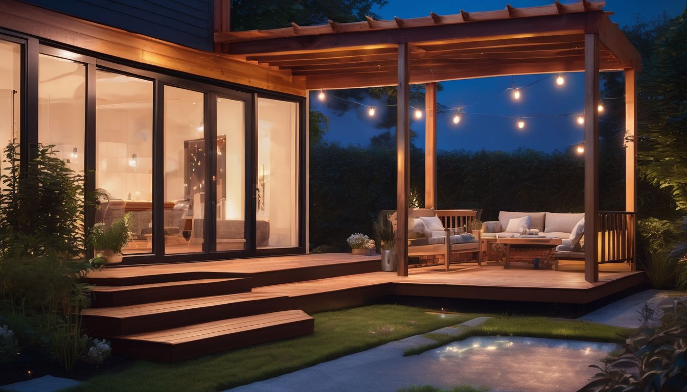 beautifully lit backyard with deck and stairs at night