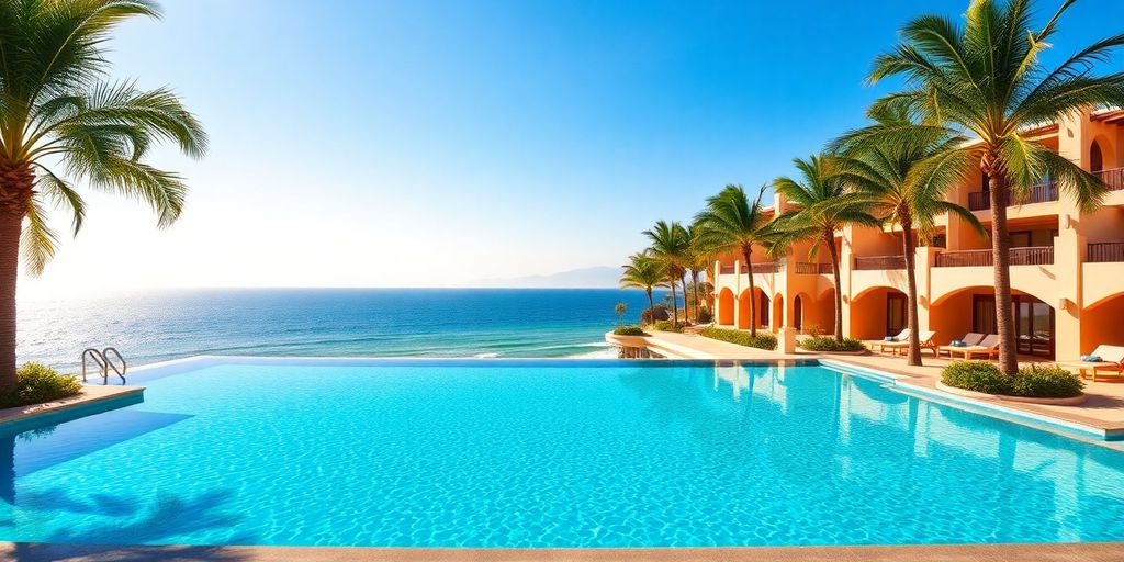 Luxury Cabo resort with ocean view and palm trees.