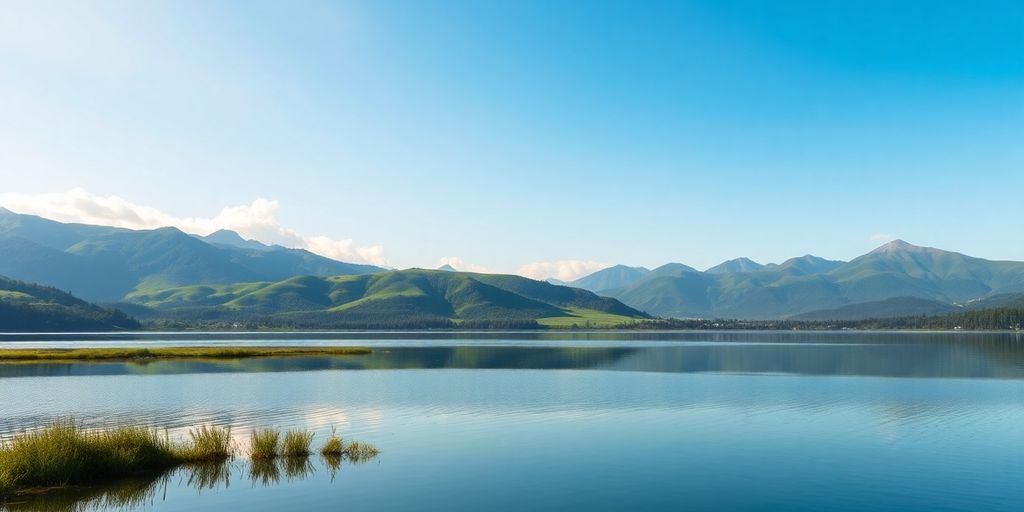 Tranquil lake and green hills in a serene landscape.
