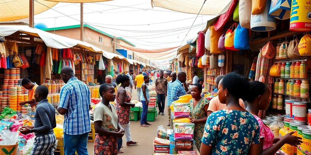 Marketplace in Liberia with local vendors and products.