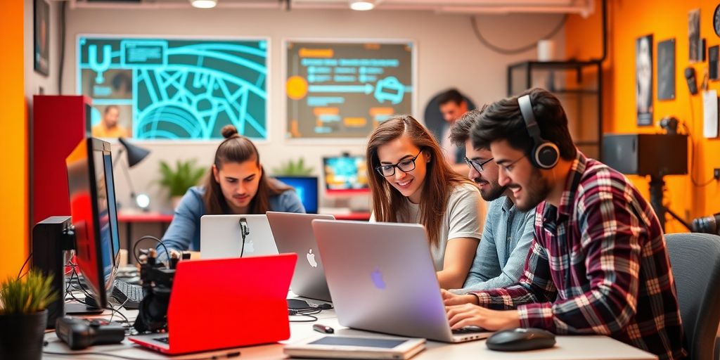Young entrepreneurs collaborating with advanced technology in a workspace.