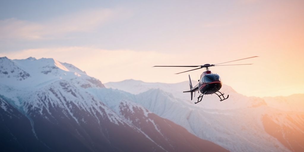 A helicopter flying over snow-capped Alaskan mountains and glaciers.