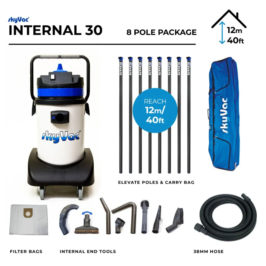 Vacuum equipment set with poles, tools, and carrying bag.