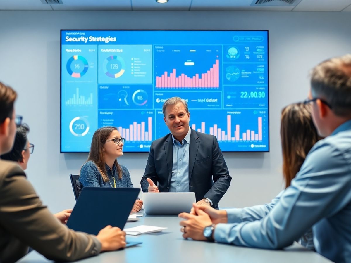CISO discussing security with team in a modern office.