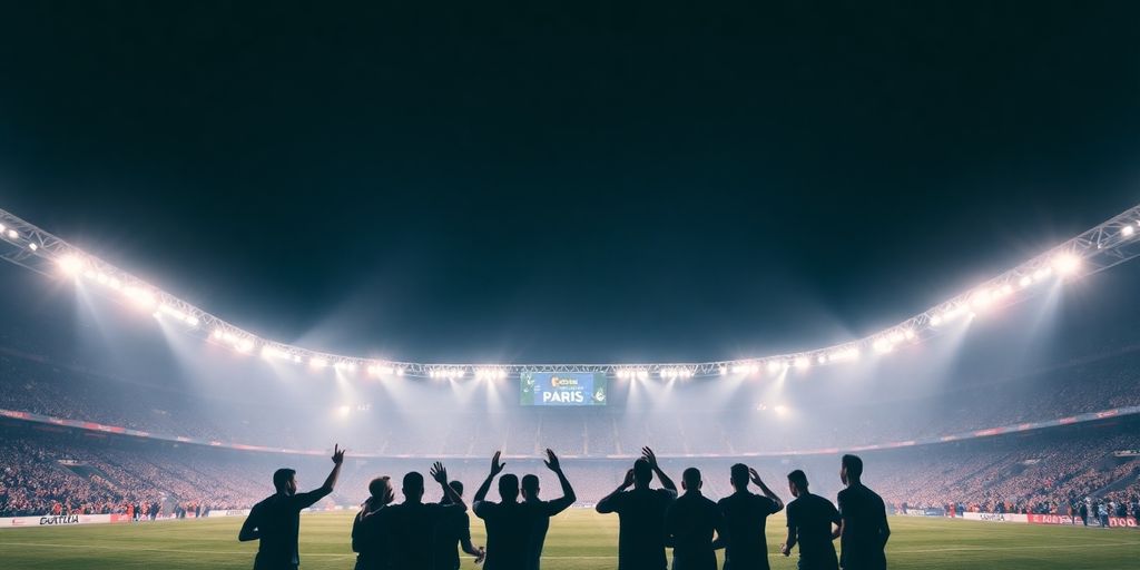 Joueurs du PSG célèbrent sous les projecteurs du stade.