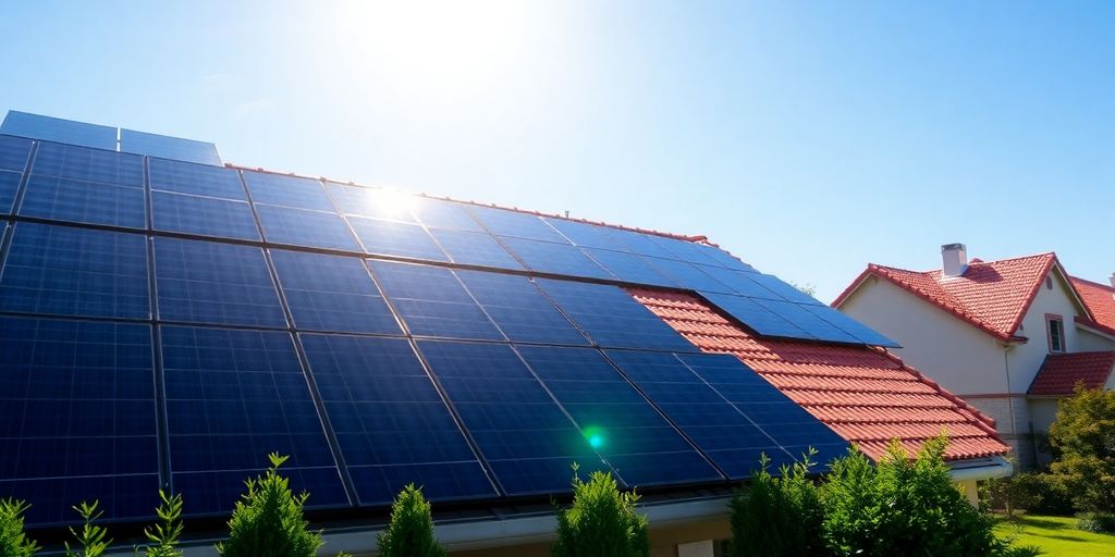 Rooftop solar panels on a sunny home.