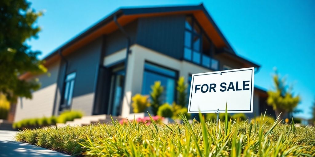 Modern home exterior with a 'For Sale' sign.