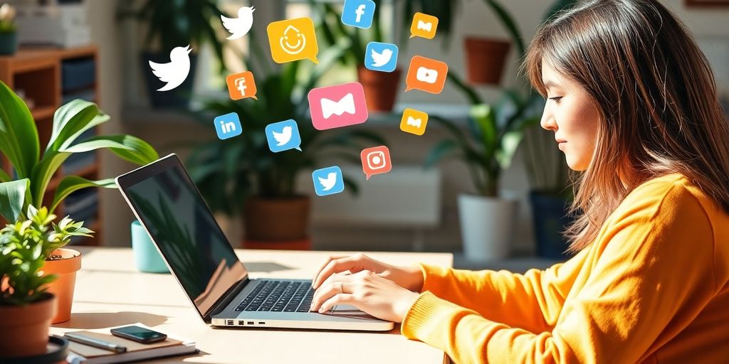 Bloggen voor geld - Verdien je eigen inkomen. Persoon blogt met sociale media iconen eromheen.