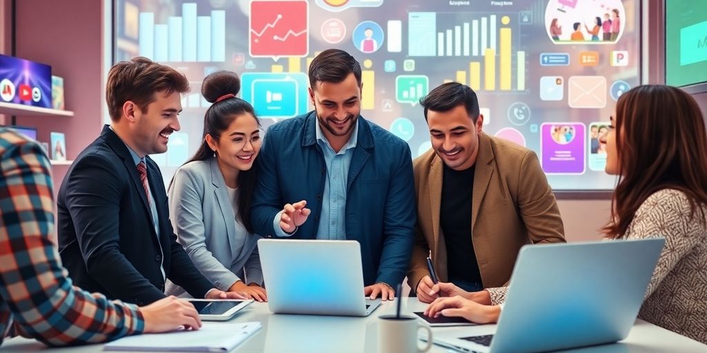 Equipe diversificada analisando estratégias de marketing digital.