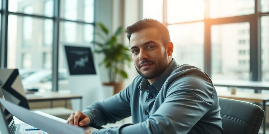 Person analyzing stock trends in a bright office.