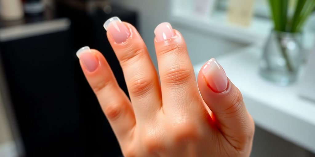 Unhas de fibra de vidro bem cuidadas e brilhantes.