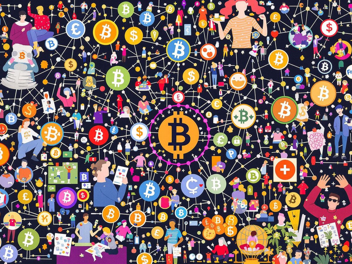 Collage of blockchain nodes and digital currencies in action.