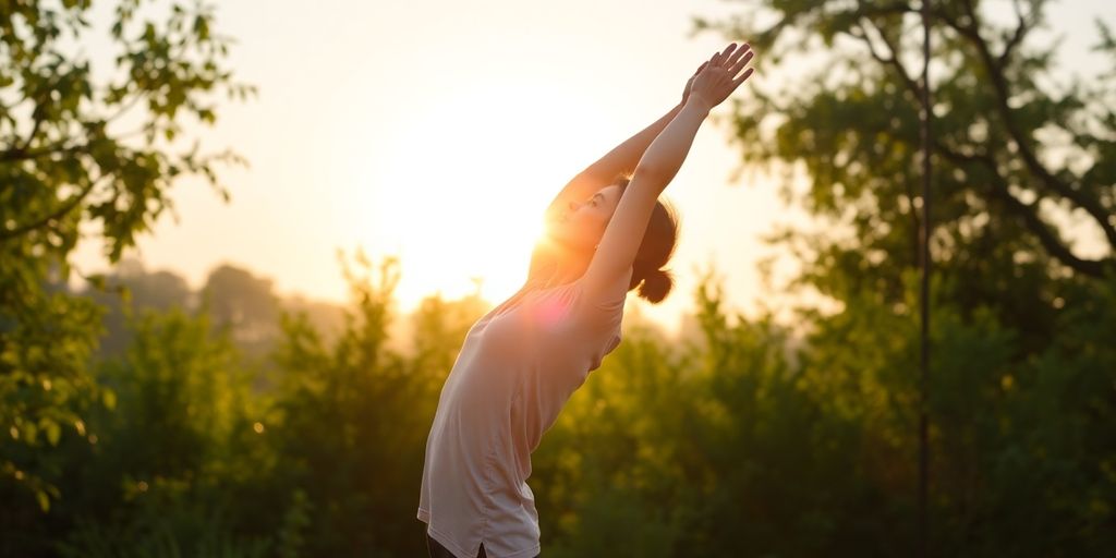Person stretching in a sunlit outdoor setting.