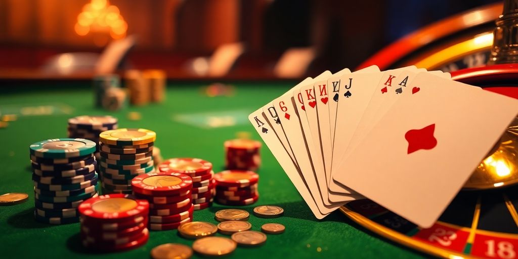 Casino table with chips, gold coins, cards and roulette wheel
