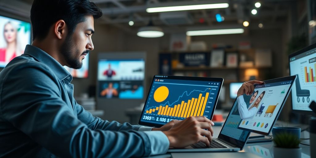 A professional analyzing brand performance metrics on a laptop.