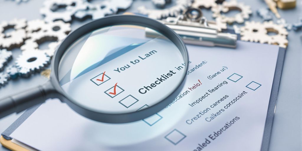Magnifying glass over a checklist and gears