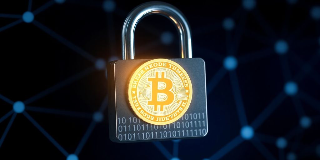 Digital padlock securing a glowing cryptocurrency coin.
