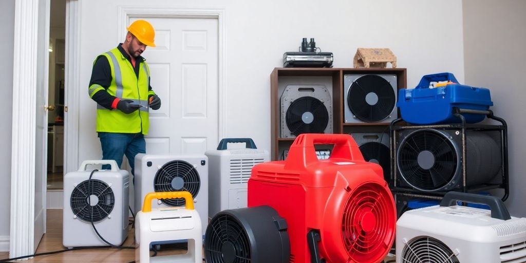 Water damage restoration tools and professionals at work.