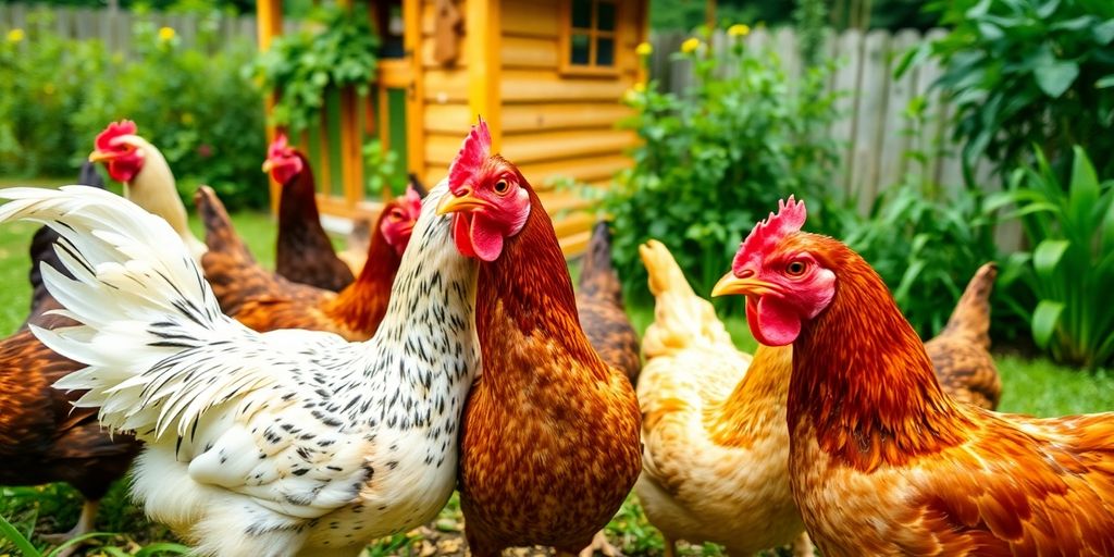 Chickens eating organic feed in a green backyard.