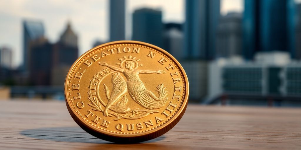 Monnaie de Napoléon en or sur une table en bois.