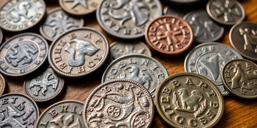 Pièces de monnaie anciennes sur une table en bois.