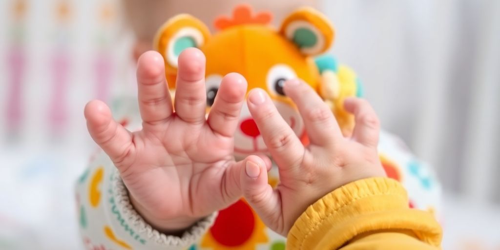 Baby playing with colorful peek-a-boo toy.