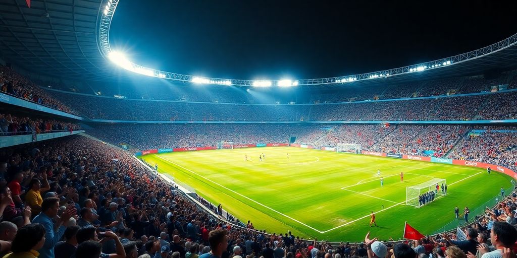 Crowd cheering at an Olympic soccer match in a stadium.