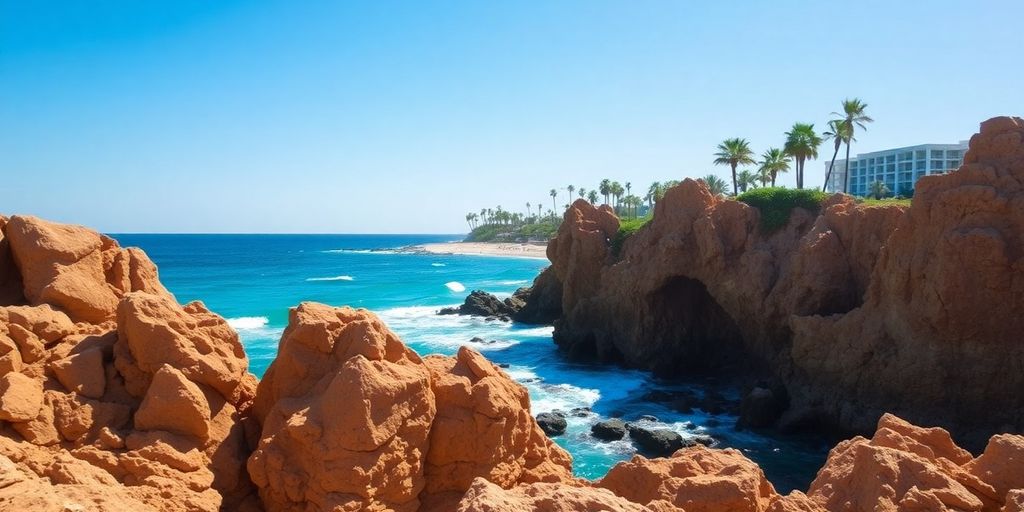 Coastal view, rock formations, azure water, distant resort