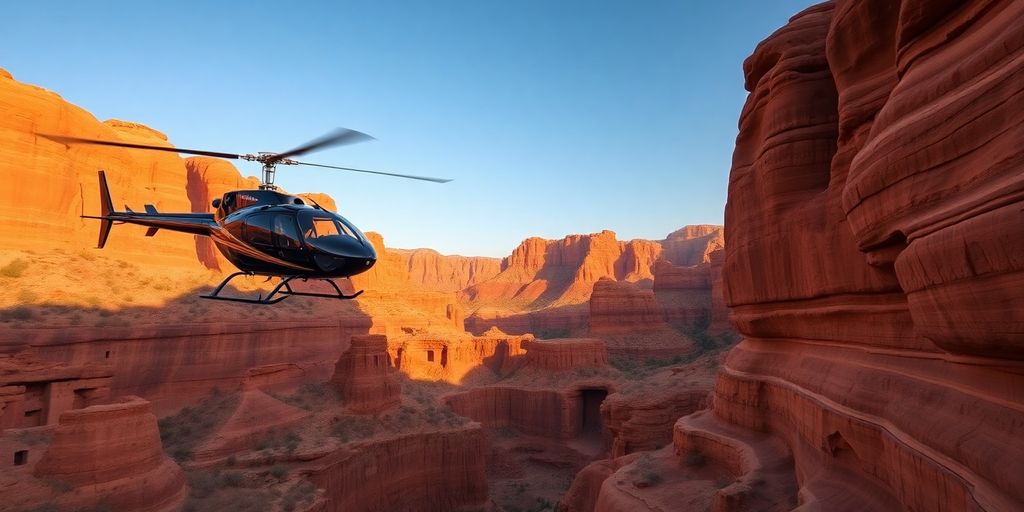 A helicopter flies over Sedona's dramatic red rock canyons.