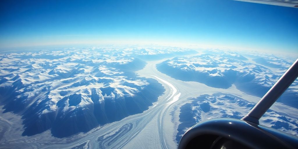 An airplane flies over snow-covered Alaskan mountains and glaciers.
