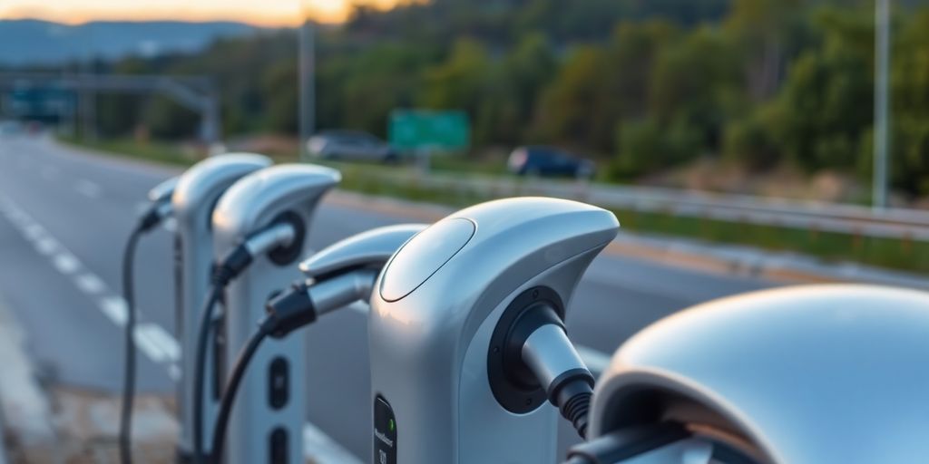 Electric vehicle charging stations in a scenic landscape.