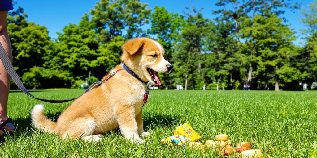 Puppy training session in a sunny park setting.