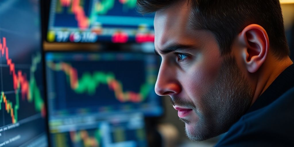 Trader intensely focused on stock market screens.