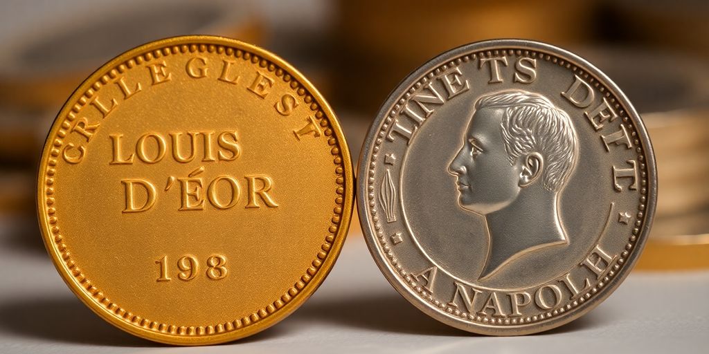 Monnaies Louis d'Or et Napoléon sur fond flou.