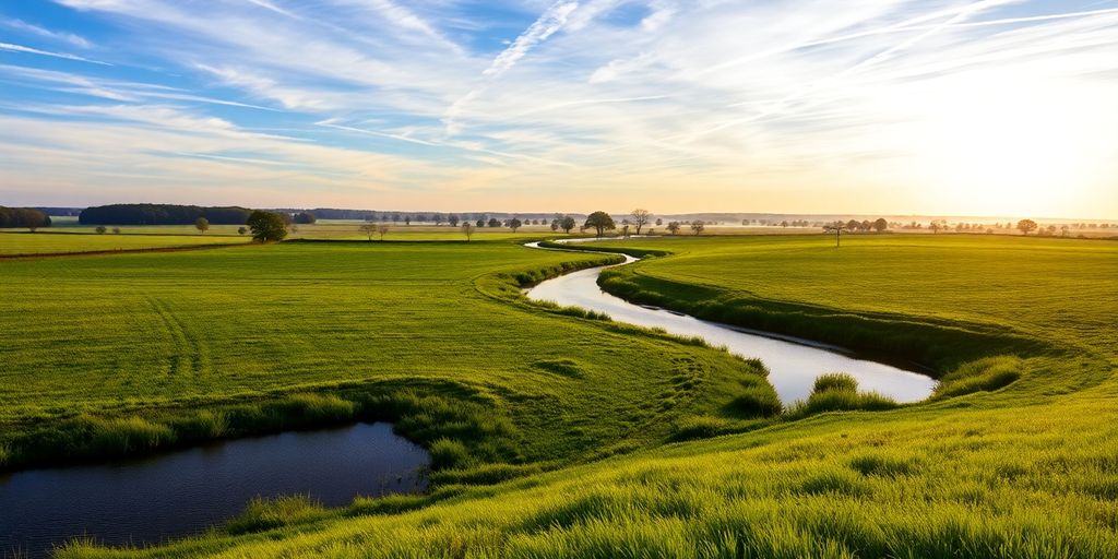Rolling green pastures with pond and creek under blue sky