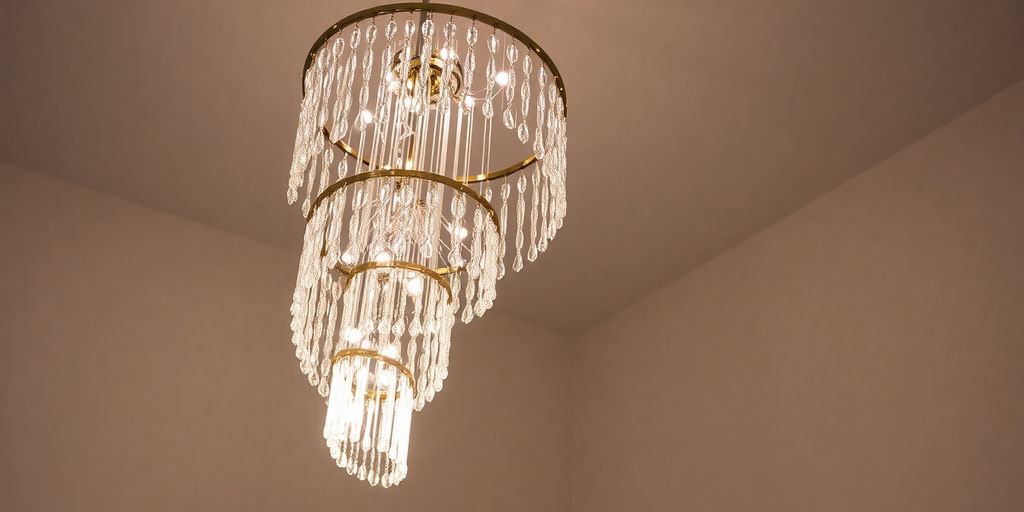 Elegant spiral chandelier illuminating a stylish living space.