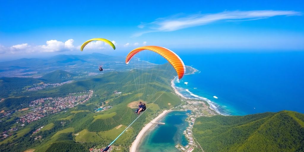 Colorful paragliders over Bali's lush landscape and coastline.