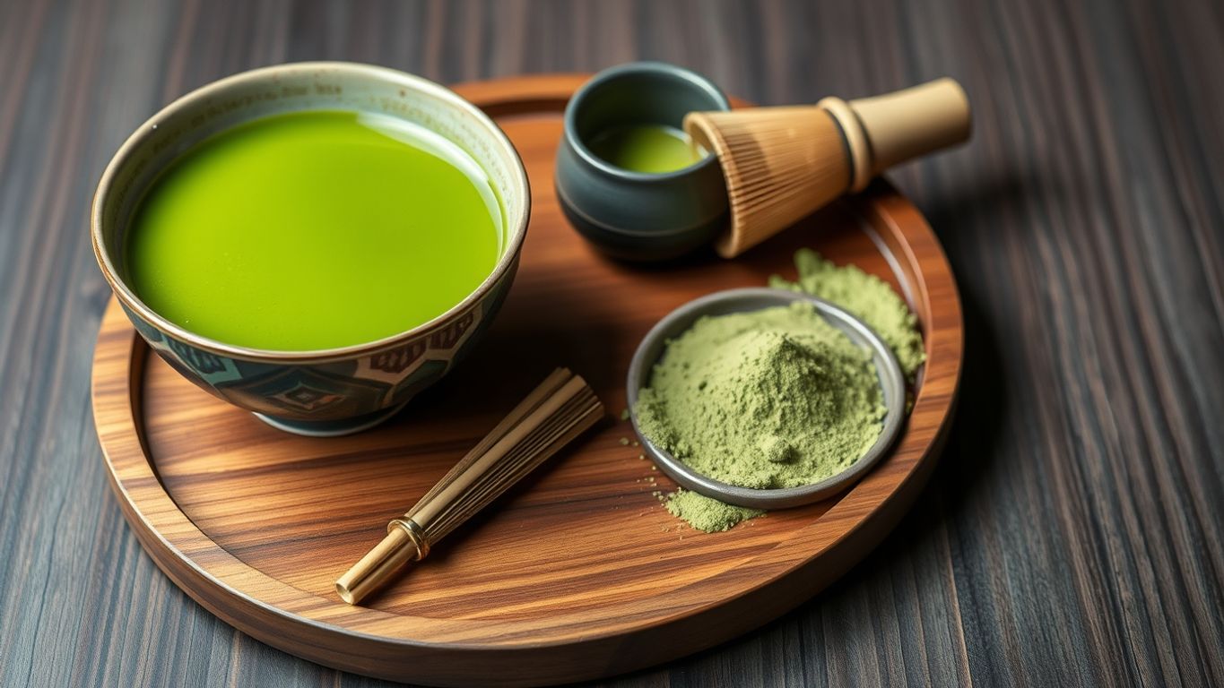 Traditional tea set with matcha bowl and bamboo whisk