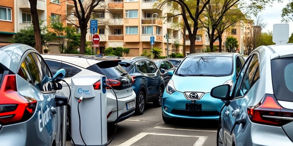 Electric vehicles charging on a bustling city street.