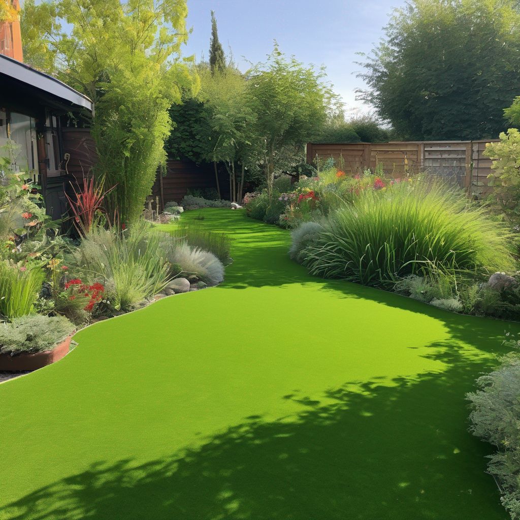 artificial grass in a garden with diverse local plants and insects